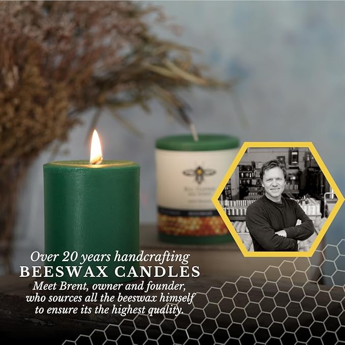 Big Dipper Wax Works Moss Green Pillar Candle, 40-Hour Long Burn, Pure Beeswax Candle, 2" x 4.75”