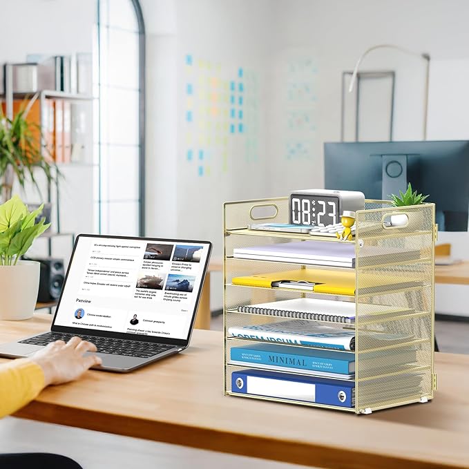 7 Tier Paper Organizer - Mesh Desktop File Holder with Handles for Office School Desk (Gold)