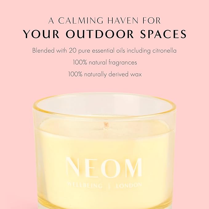 NEOM- Complete Bliss Citronella Outdoor Candle | 1 Wick I 100% Natural Wax I Hand-Finished I Moroccan Blush Rose, Lime, Black Pepper and Added Citronella