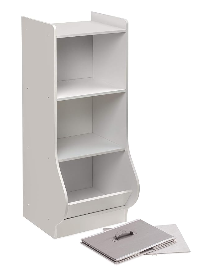 Badger Basket Upright Storage Nook with Reversible Basket - Melamine Surface, 2 Shelves & 1 Angled Bin, Customizable Storage Solution for Kids - White