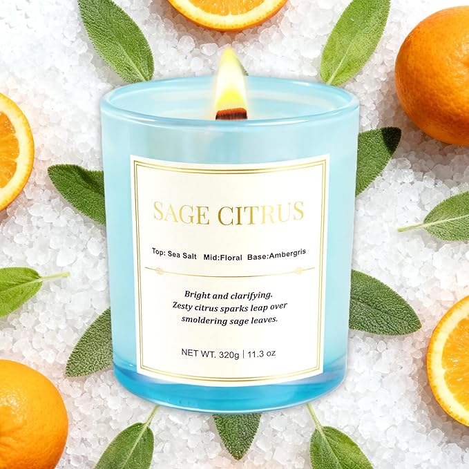 2 Pack Candles for Home Scented,Wood Wick Sage Citrus Scented Candle,22.6 oz 150 Hour Long Burning Lasting, Natural Soy Wax Candles Gifts Set,for Holiday Day