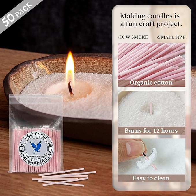 Pearled Candle Wick 2.2 Inch Pink Cotton Wicks 50-Pack - Premium Metal-Free & Lead-Free Candle Wicks for Candle Making