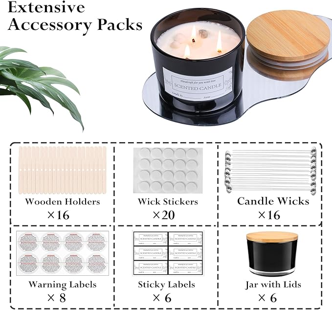 CONNOO 6-Pack 16 oz Black Candle Jars - 3-Wick Empty Glass Wide Mouth Candle Jars Come with Bamboo Lids, Sticky Warning Labels, and a Candle Wick Kit for Candle Making - Dishwasher Safe