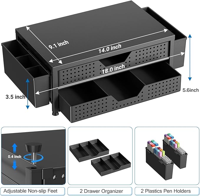 OPNICE Computer Monitor Stand Riser with 2 Drawers & 2 Pen Holders, Desk Organizer for Office Supplies, Laptop Stand for Desk, Workspace Desk Organizers and Accessories for Home Office, Black