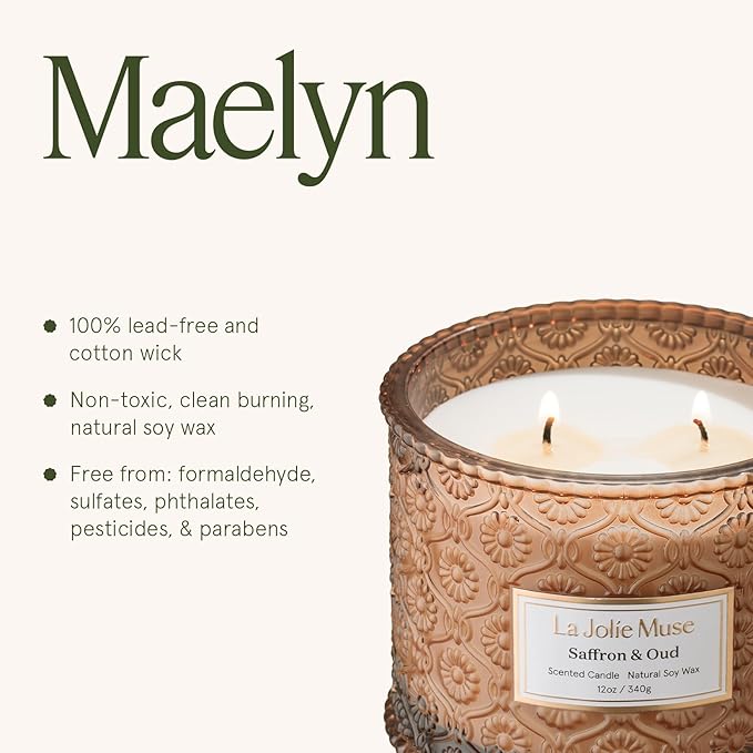 LA JOLIE MUSE Saffron & Oud Candle - Incense, Oud, Red Saffron | 12 oz Large 2-Wick Soy Wax Candle | 60 Hours Clean Burn | Gift-Ready for Hosts & Gatherings | Elegant Home Décor