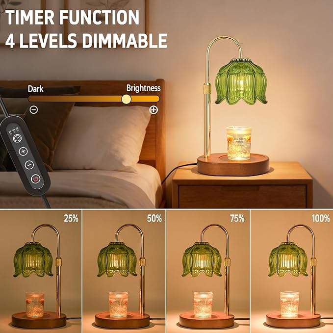 Flower Candle Warmer Lamp for Jar Candles with Timer & Dimmer, Adjustable Height Fits Large Jars up to 7.08" Tall, Flameless Wax Warmer, Cozy Bedroom Home Decor, Gift for Mom Women (Flower lamp-Green)