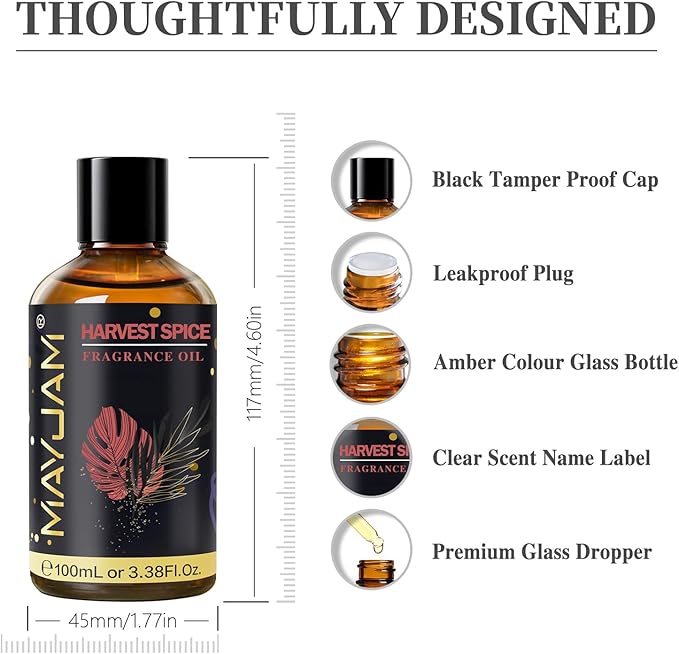 Harvest Spice Fragrance Oil Essential Oil, MAYJAM 3.38FL.OZ Harvest Spice Oil for Diffusers for Home, Long Lasting Scented Oils for Soap Candle Making - 100ML