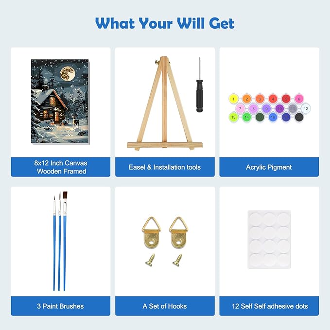 MOGTAA Christmas Winter Paint by Numbers Kit for Adults Beginners with Frame, Christmas Deer Adult Paint by Number Kits on Canvas with Easel, Easy DIY Oil Painting Kits for Home Decor, 8x12in