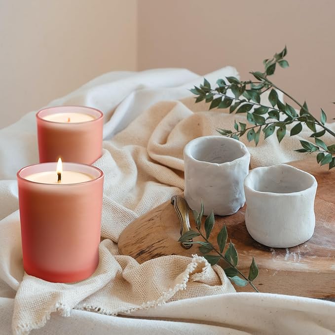 SHOWIN Thick Candle Jars for Making Candles 12 Pcs, 7 OZ Empty Jars with Wood Lids for Candle Making, Sample Container, Frosted Pink