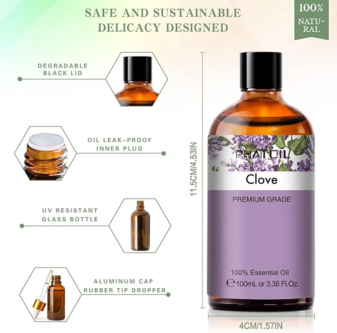 PHATOIL 3.38Fl.Oz Clove Essential Oil, for Aromatherapy Diffusers with Glass Dropper, Humidifiers, Great for DIY Candle and Soap Making, Gift for Friend