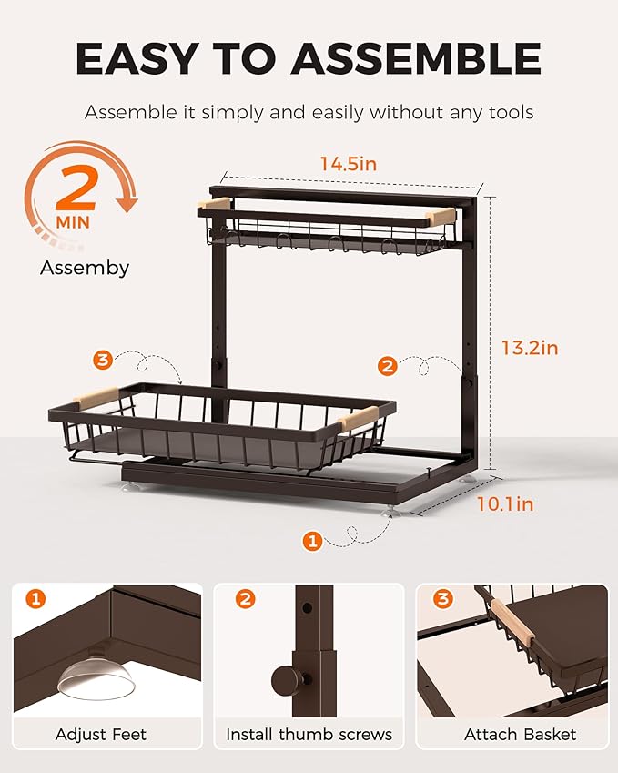 3 Pack Under Sink Organizer, Multi-Purpose 2 Tier Pull-Out Metal Under Kitchen Sink Organizer, Height Adjustable Storage Shelves for Kitchen Bathroom Cabinet (Brown)