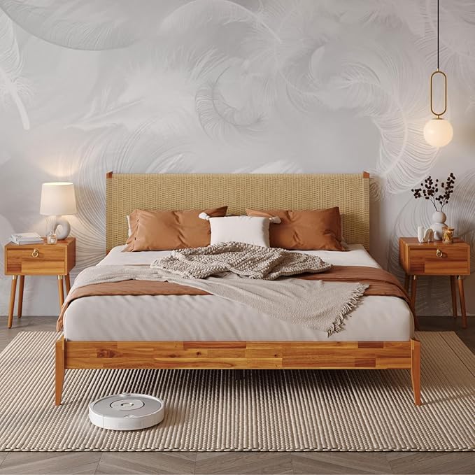 Bme Selina King Size Bed Frame, Handwoven Paper Cord Headboard, US Patent Pending Design, Mid-Century Modern, Solid Acacia Wood, No Box Spring Needed, Supports up to 800 lbs, Easy Assembly, Caramel
