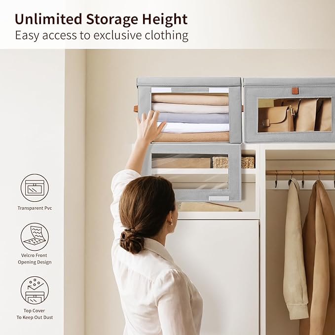 Large Closet Storage Organizer - Clothes Storage Bins with Handles & Window, Collapsible Decorative Boxes with Lids, Fabric Containers for Living Room, Dorm, 2 Pack, Grey