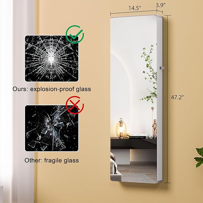 Lvifur 47.2" LED Jewelry Mirror Cabinet,Lockable Wall/Door Mounted Full Length Mirror with Storage, Over the Door Hanging Jewelry Organizer-2 Drawers,Foldable Shelf, Built-in Lighted Mirror (White)