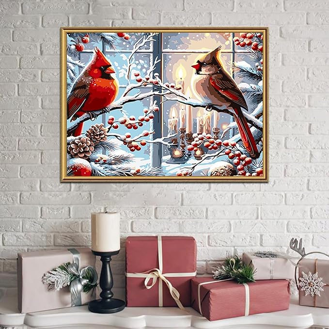 Christmas Paint by Numbers Kit for Adults Beginner , DIY Red Bird Paint By Numbers Kits, Easy Color Acrylic Paint On Canvas Candle Painting Kits Art,Home Wall Decor 12x 16 Inch (Without Frame)