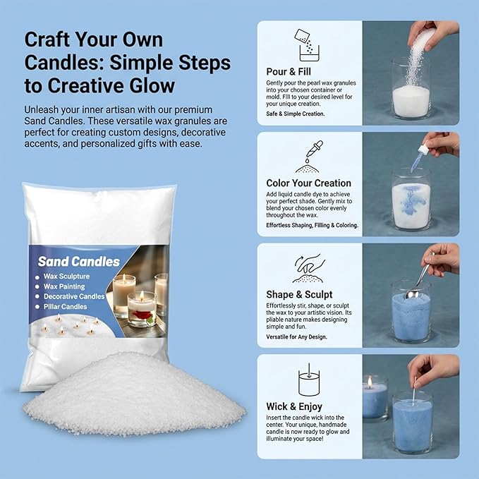 Sukh 430g (0.95lb) Candle Sand with Wick - Refillable Pearled Candles Sand and Wicks Reusable Snow Powder Wax for DIY Making, Gifts, Holiday Decorations