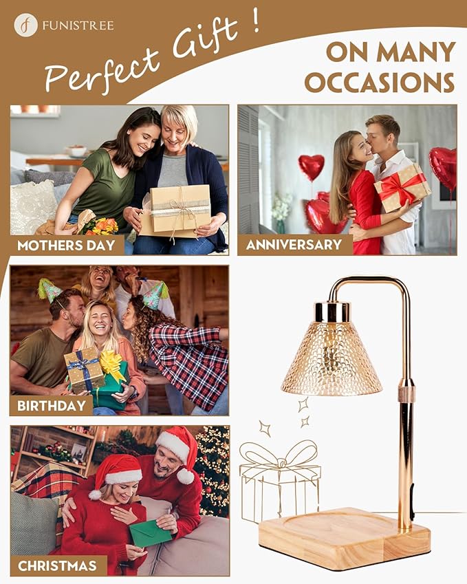 Funistree Candle Warmer Lamp with Timer Dimmable, Adjustable Height, Christmas Anniversary Women Gifts for Her Girlfriend, House Warming Gifts New Home, Wax Warmer Lamp for Jar Candles with 2 Bulbs