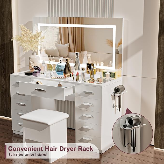Vanity Desk with Mirror and Lights, 50" Makeup Vanity with Glass Top & Power Outlet, White Vanity with 11 Drawers & 8 Hidden Storage Shelves, 3 LED Lighting Modes Adjustable for Bedroom (WHITE)
