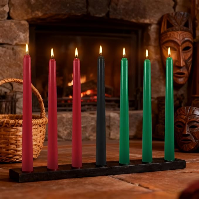 Kwanzaa Taper Candles, 3 Red,3 Green and 1 Black, 10 Inch Smokeless and Dripless Tall Candlestick, 8-8.5 Hour Long Burning time,African Holiday Mishumbaa Saba