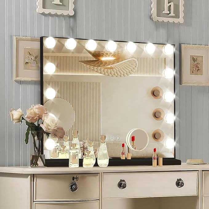 Ratsamee Black Hollywood Vanity Mirror with Lights, 15 Dimmable Bulbs, 3 Color Lights,Make Up Lighted Mirror, Aluminum Metal Frame, USB Charging Port（23" x 18"）
