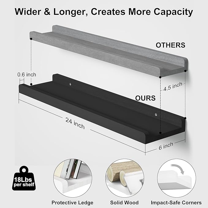 Love-KANKEI Floating Shelves Wall Mounted Set of 2, 24 Inch Wood Storage Wall Shelves for Bedroom Living Room Bathroom Kitchen Office and More Black