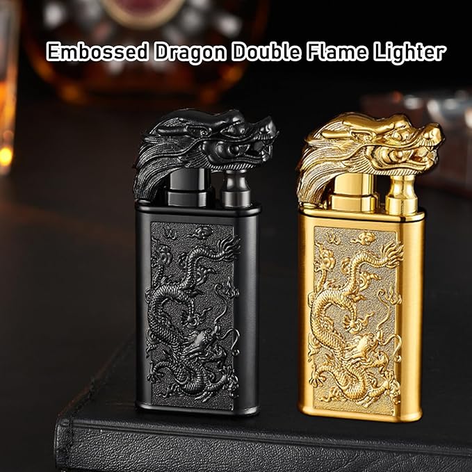 Torch Lighter Magic Dual Flame Dragon Lighter, Windproof Adjustable Jet Flame and Soft Flame, Refillable Butane Torch Lighter for Candle, Kitchen, Camping, BBQ (Without Butane)-Gold