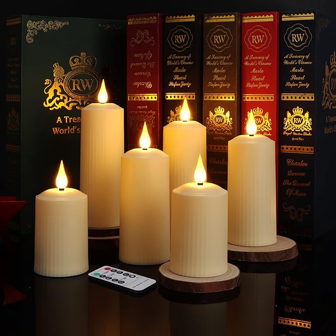 yunsheng Rechargeable Flameless Candles with Remote Timer, in/Outdoor Waterproof LED Flickering Pillar Candles Set of 6 (D2 x H4/5.5/6.5"), Battery Operated Candles Ivory Plastic Roman Column Candles