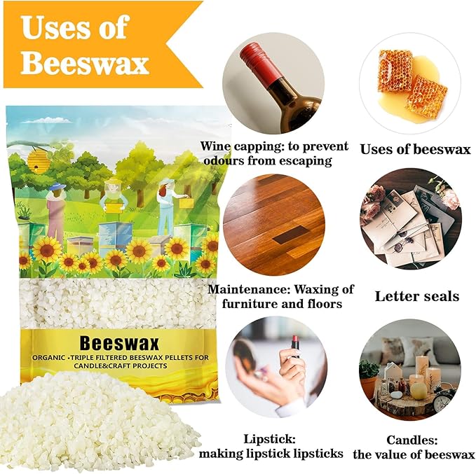 CARGEN White Beeswax Pellets - 428g(0.94lb) Bees Wax Pellets Melts Organic Beeswax for Skin, Bees Wax for Candles Making Triple Filtered for Lip Balm Lotion and Soap Making Supplies