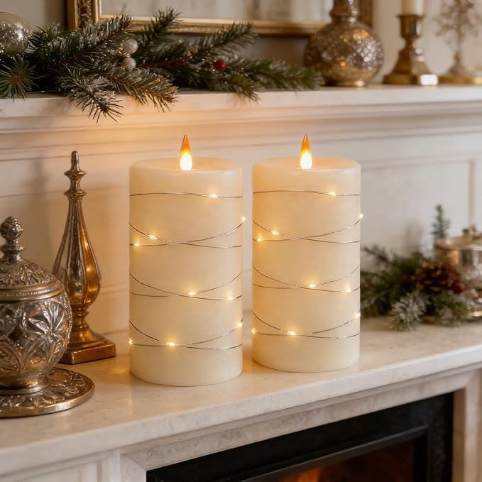 HaitanghuaRechargeable Flameless Candles, LED Candles, Candles with Remote and Timers, Real Wax Pillar Candles, with Flickering Embedded Star String，Ivory White, Set of 2