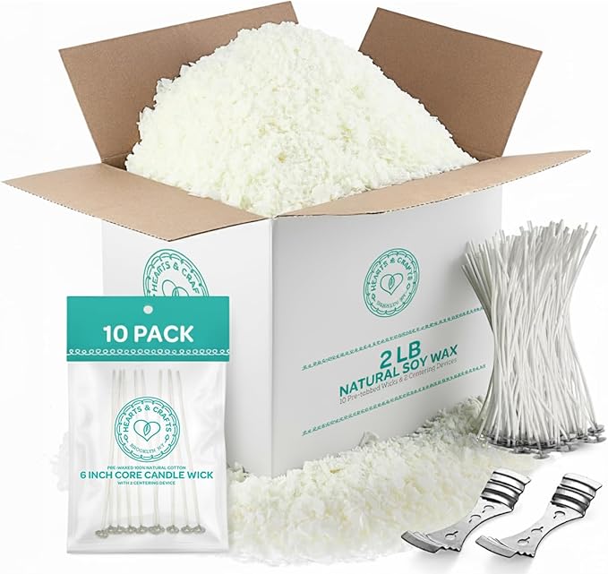 Hearts & Crafts Soy Wax for Candle Making 2lb Kit - Includes 10 Wicks & 2 Metal Centering Devices - Candles Wax and Wicks Set for DIY Candles Projects, Crafting, and Professional Candle Makers