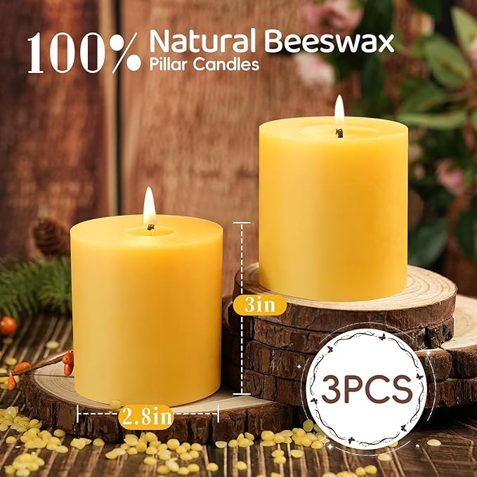 3 Pack Natural Beeswax Candles,132 Hours Long Burning-Bees Wax Candles for Home,100% Pure Beeswax Pillar Candle for Emergency,Paryer,Parties,Unscented Dripless Smokeless Pillar Candle Bulk 2.8x3in
