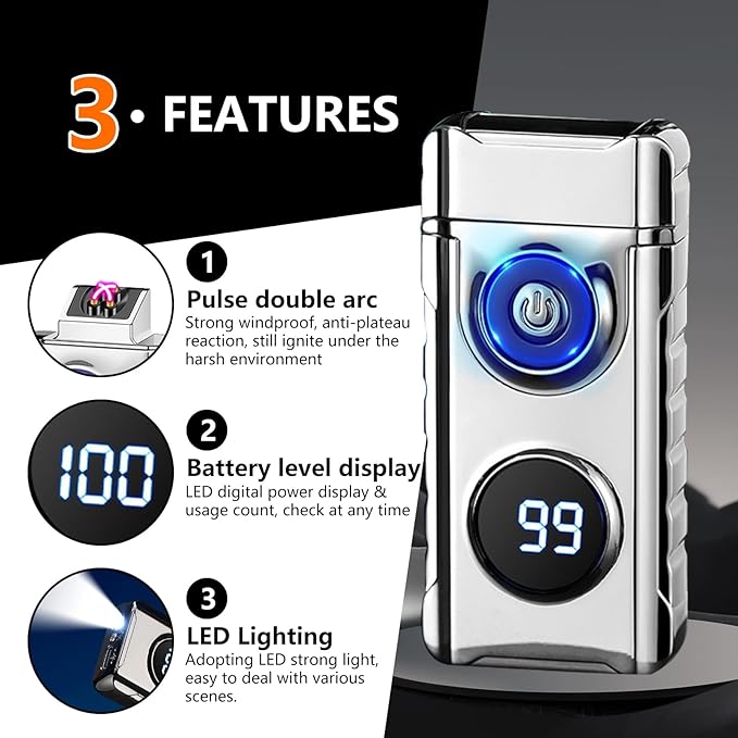 SKRFIRE Plasma Rechargeable Electric Lighter for Candle - Arc Type C Electronic Torch, Windproof Portable Metal With LED Power Display for Camping, Hiking, BBQ (Silvery)