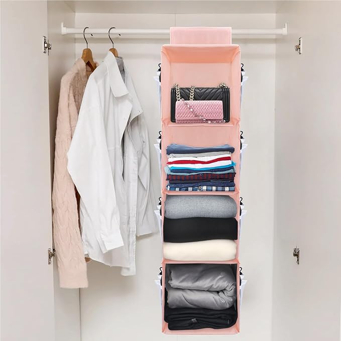 PetsHome 4-Shelf Hanging Closet Organizer, Space Saver, Closet Hanging Storage Shelves with Mesh Pockets & Magic Tap for Storage, Foldable-Pink