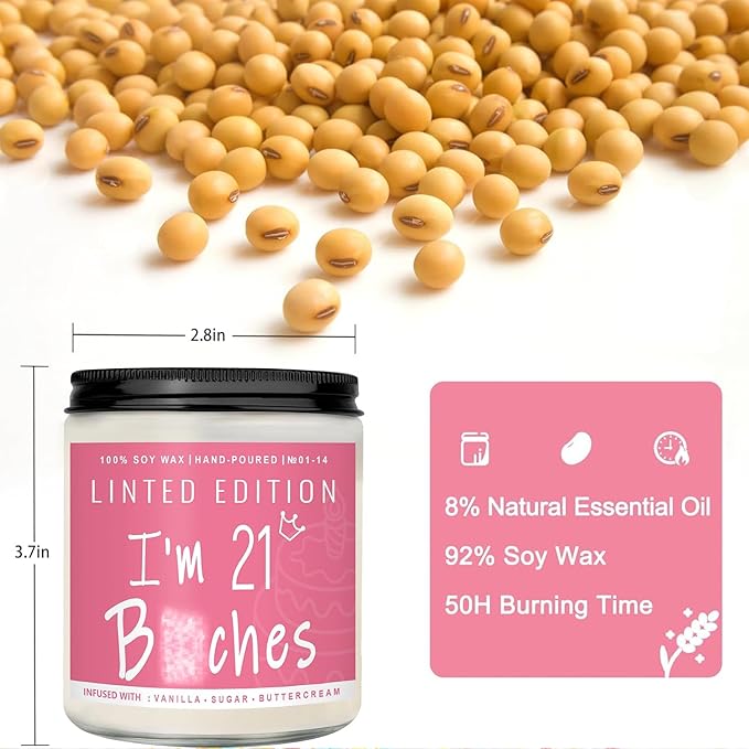 21th Birthday Gifts for Women, Perfect Birthday Present, Funny Presents for Mom, Friends, Wife, Sister, 7oz Vanilla Cream-Scented Candle