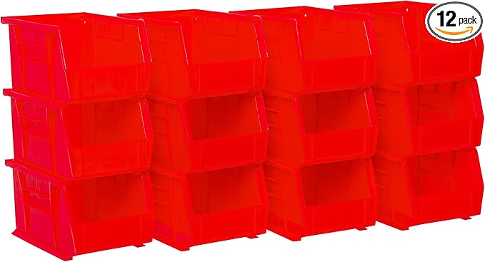 Akro-Mils 30237 AkroBins Plastic Storage Bins, Space-Saving Stackable Bins for Garage, Pantry, Craft Organization, 9" x 6" x 5", Red, 12-Pack