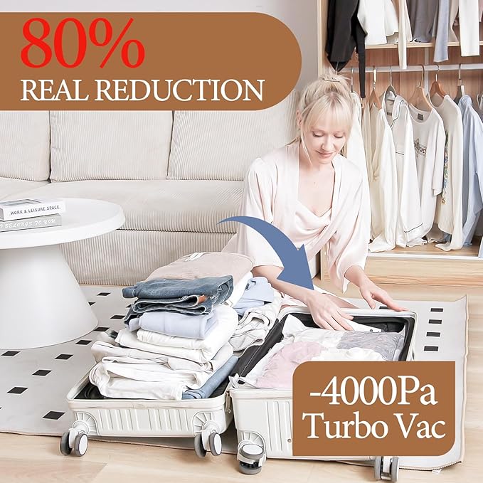 Vacbird Travel Vacuum Storage Bags with Rechargeable Cordless Pump, 12 Pack Vacuum Seal Bags for Clothing(4 Large+4 Medium+4 Small), Compression Packing for Clothes Suitcase Luggage Blanket Pillows