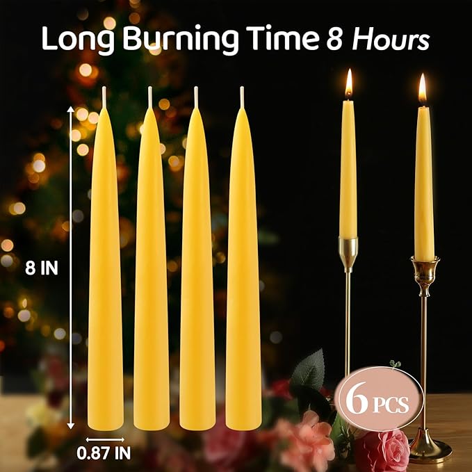 Beeswax Taper Candles,8in Pure Beeswax Candles Bluk-6 Pcs,8 Hours Long Burning Bees Wax Candle for Home,Dripless Smokeless Taper Candle Sticks for Prayer,Party,Unscented Natural Taperd Candles