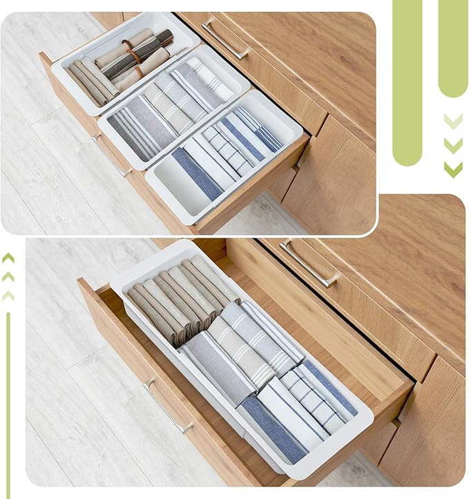 Booson 4 PCS Deep Drawer Organizer Bin Adjustable Sliding Drawer Organizers Expandable Kitchen Organizer Trays for Home Office Makeup Storage Tools
