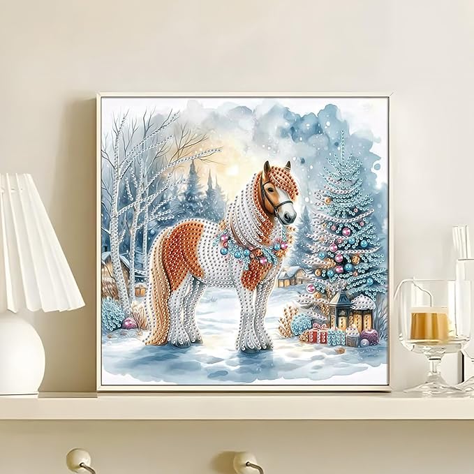 antor Christmas Diamond Painting Kit, 5D Special Shape Diamond Art for Adults, Decorated Horse in Snow Scene DIY Crystal Rhinestones Diamond Painting, Holiday Wall Decor, Winter Home Decoration