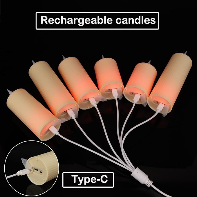 yunsheng Rechargeable Flameless Candles with Remote Timer, in/Outdoor Waterproof LED Flickering Pillar Candles Set of 6 (D2 x H4/5.5/6.5"), Battery Operated Candles Ivory Plastic Roman Column Candles
