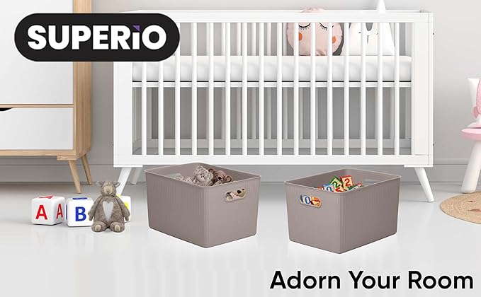 Superio Decorative Plastic Basket Open Home Storage Bins Organizer Baskets, X-Large Taupe (8 Pack) Container Boxes for Organizing Closet Storage Bins for Shelves Drawer Shelf 22 Liter/23 Quart