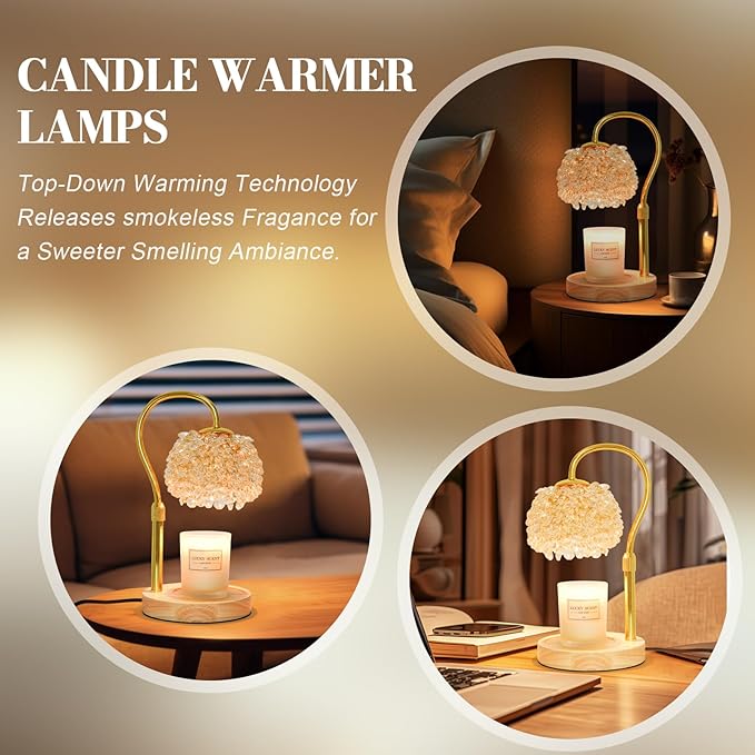 Hisummer Candle Warmer Lamp with Timer, Dimmable Candle Lamp Warmer with 312 K9 Crystals Adjustable Height Electric Candle Warmer for Women Gifts, Wax Warmer Lamp with 2 Bulbs for Jar Candles
