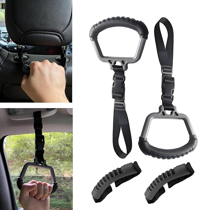 2-in-1 Car Assist Handle Kit | Adjustable Overhead & Backseat Assist Bar with Soft Rubber Grip for Added Support Entering and Exiting Vehicle (4, Black)