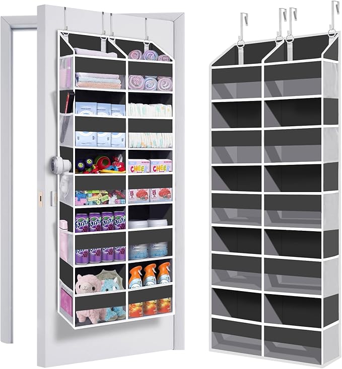 Heavy Duty Over The Door Organizer 5 Tiers, Extra Large Behind Door Storage of 10 Front & 10 Mesh Pockets, 80lb Weight Capacity, Hanging Doors Storage for Closet Bedroom Nursery, Dark Gray