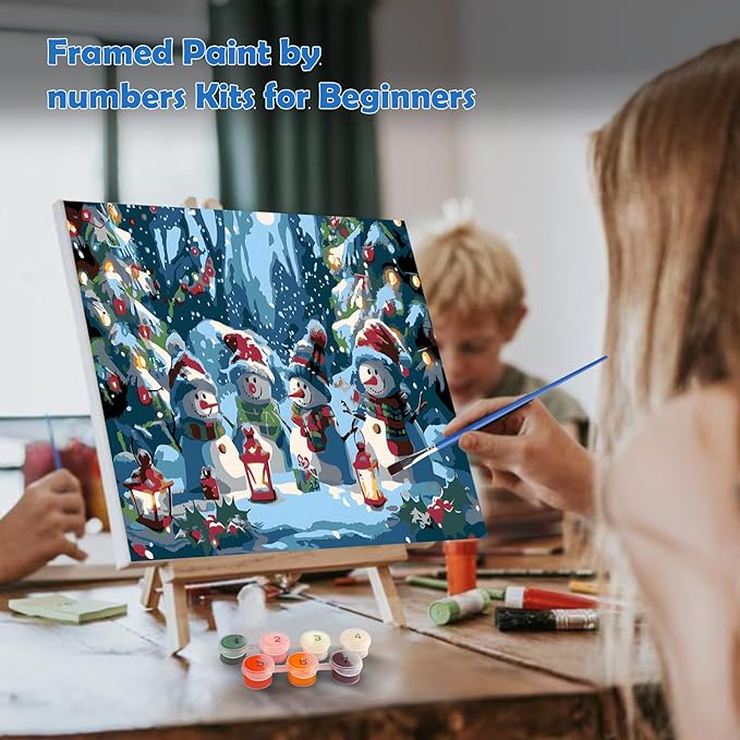 MOGTAA Christmas Paint by Numbers Kit for Adults Beginners with Frame, Snowman Adult Paint by Number Kits on Canvas with Easel, Easy DIY Xmas Winter Oil Painting Kits for Home Decor, 8x12in