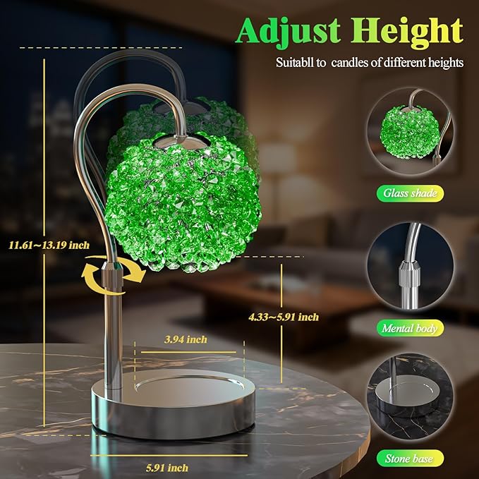 Luxury Candle Warmer Lamp with Timer & Dimmable Brightness, Crystal Gemstone Shade & Premium Base - Adjustable Wax Melt Warmer for Home Decor (Green)