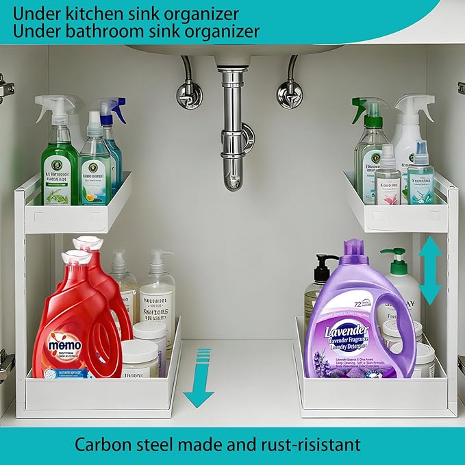 Under Sink Organizer, Bathroom Counter Organizer, 2 Packs 2-Tier Metal, Under Cabinet Storage, Makeup Storage, Adjustable Height & Slide-Out Drawer for Kitchen Bathroom Dorm Shop Office, White