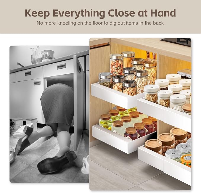 2Pack Expandable Pull Out Cabinet Organizer 21" Deep - Sliding Drawer Organizer Roll Out Shelves Adhesive - Adjustable Width 15.2"-26.2" W (White)