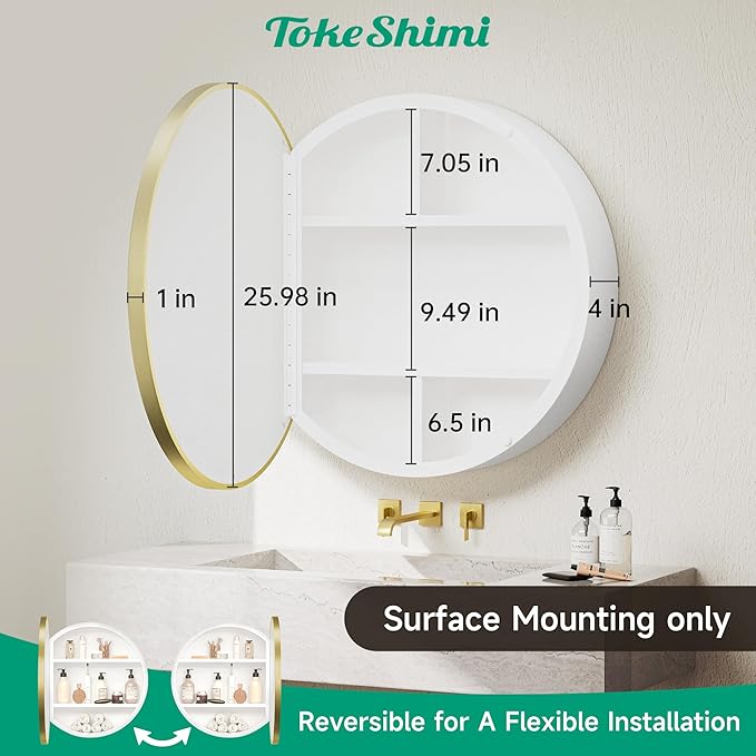 TokeShimi 26x26 Round Medicine Cabinet for Bathroom,Gold White Circle Medicine Cabinet with Mirror Shatterproof,Detachable Shelves,Wall Mounted Only