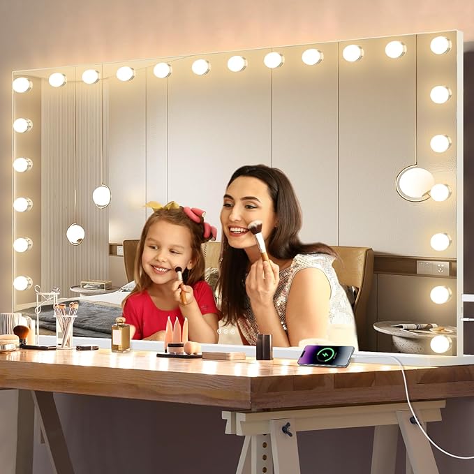 Ratsamee Hollywood Vanity Mirror with Lights, 24 Dimmable Bulbs, 3 Color Lights,Make Up Lighted Mirror, Aluminum Metal Frame, USB Charging Port（48" x 30"）